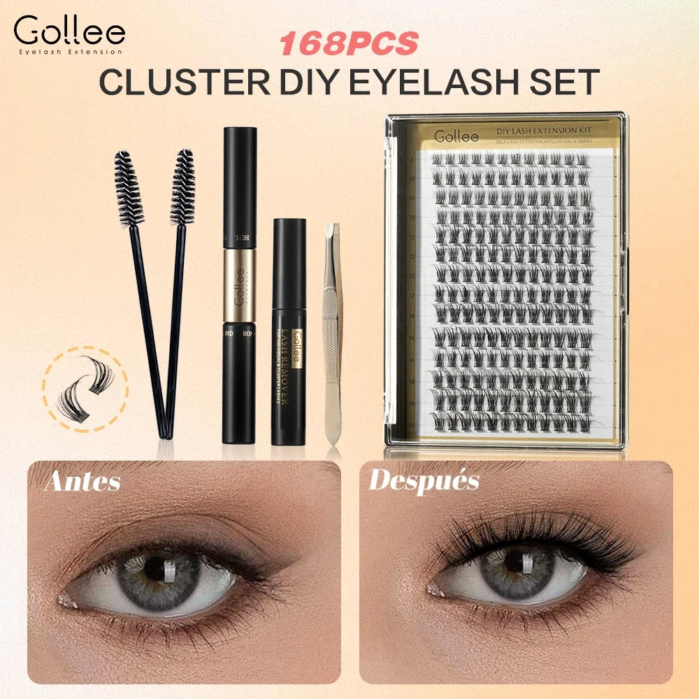 168Pcs DIY Cluster Lash Kit 2 in 1 Bond and Seal 8Ml Lasting 3Days Lash Remover Home Use False Eyelash Adhesive Seal Tool