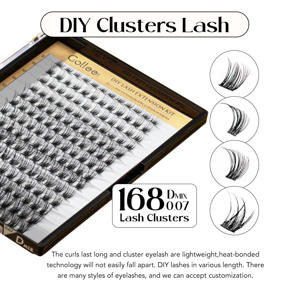 168Pcs DIY Cluster Lash Kit 2 in 1 Bond and Seal 8Ml Lasting 3Days Lash Remover Home Use False Eyelash Adhesive Seal Tool