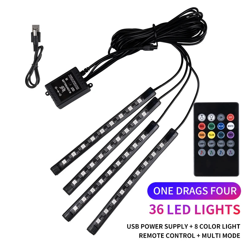 Kit LED Ambiance Voiture RGB NOXLH — Néons Pieds Sync Musique Télécommande ou App