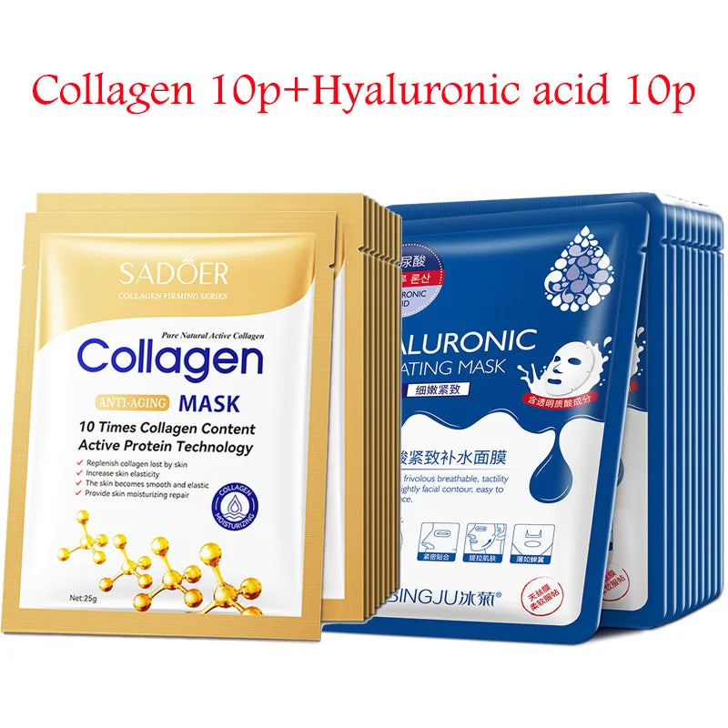 Masques Visage Acide Hyaluronique & Collagène – Lot de 20 | Hydratation Intense