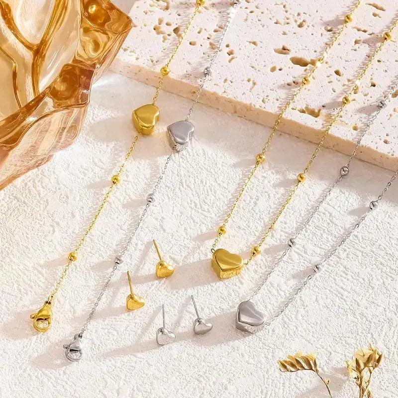 Stainless Steel Gold Color Heart Love Chain Necklace Bracelets Earrings For Women Girl New Fashion Non-fading Jewelry Set