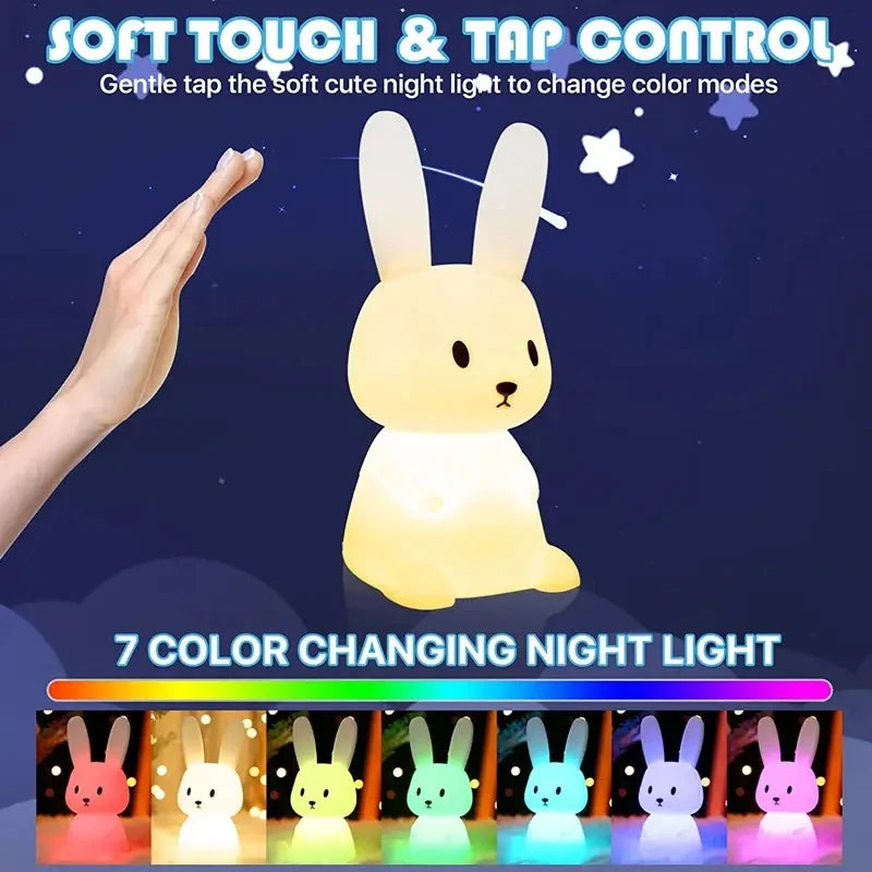 Veilleuse Lapin Silicone LED FENGLAIYI — 7 Couleurs Tactile Minuterie Batterie 1200mAh Cadeau Enfant