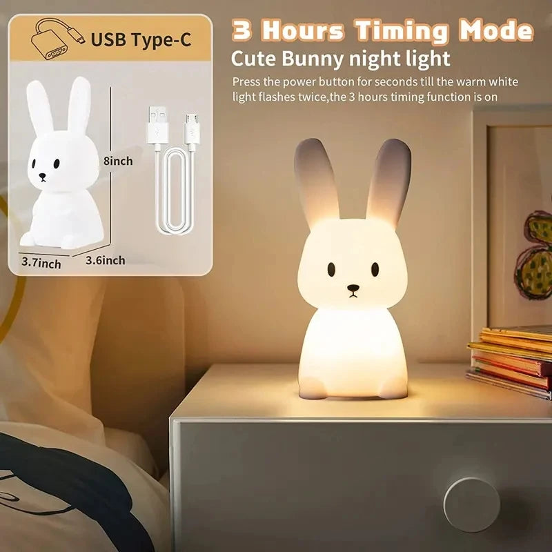 Veilleuse Lapin Silicone LED FENGLAIYI — 7 Couleurs Tactile Minuterie Batterie 1200mAh Cadeau Enfant