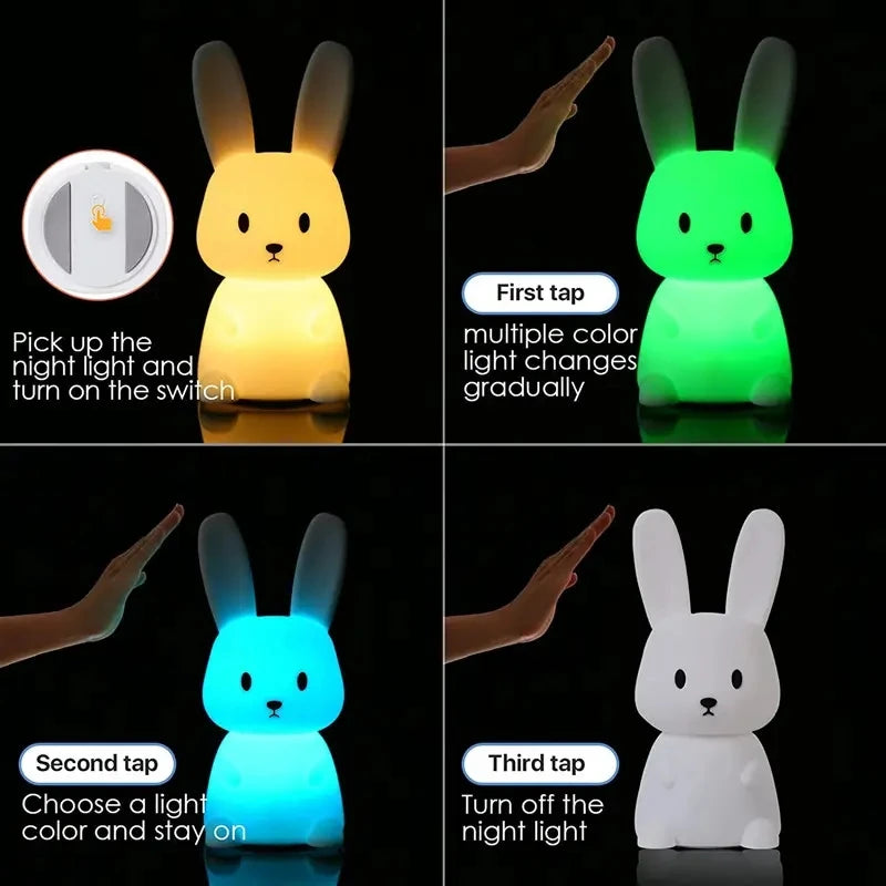 Veilleuse Lapin Silicone LED FENGLAIYI — 7 Couleurs Tactile Minuterie Batterie 1200mAh Cadeau Enfant