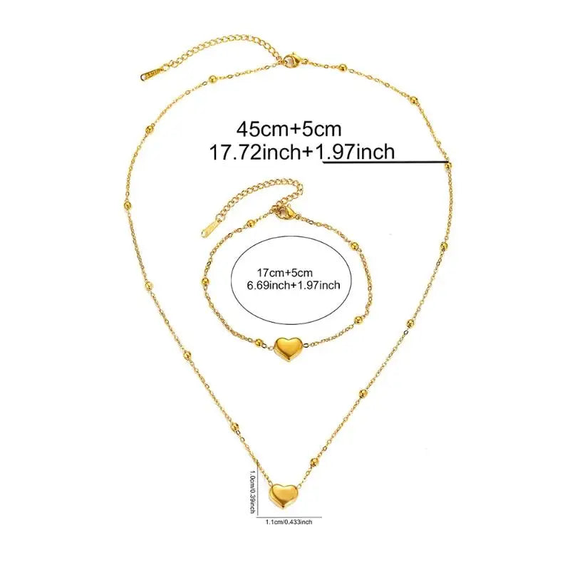 Stainless Steel Gold Color Heart Love Chain Necklace Bracelets Earrings For Women Girl New Fashion Non-fading Jewelry Set