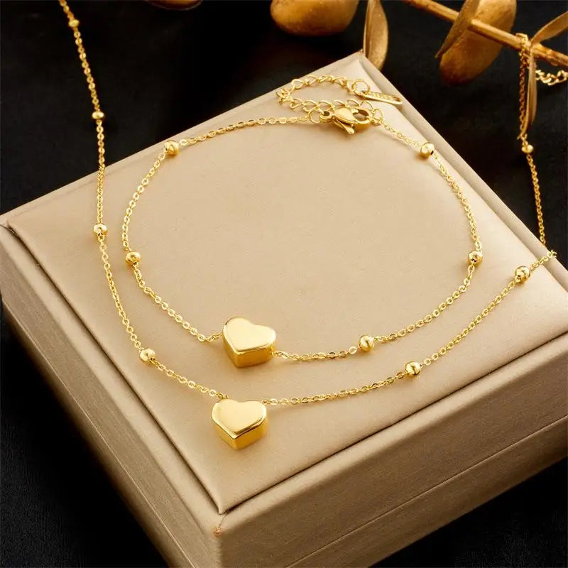 Stainless Steel Gold Color Heart Love Chain Necklace Bracelets Earrings For Women Girl New Fashion Non-fading Jewelry Set