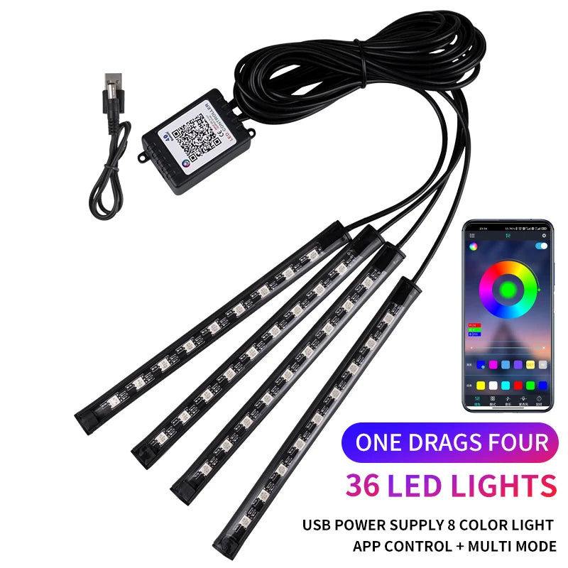 Kit LED Ambiance Voiture RGB NOXLH — Néons Pieds Sync Musique Télécommande ou App
