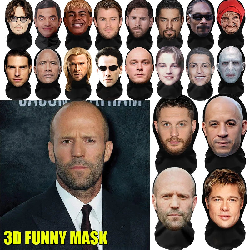 NEW 2026 3D Seamless Mask Funny Face Printed Head Scarf Celebrity Ice Silk Sunscreen Head Mask Halloween Cosplay Props