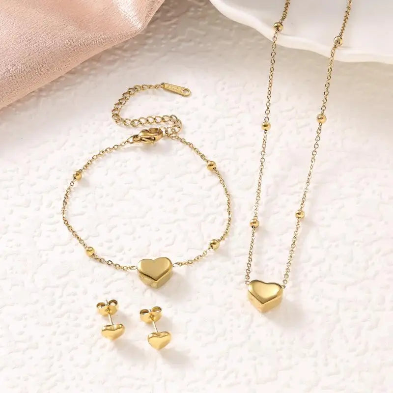 Stainless Steel Gold Color Heart Love Chain Necklace Bracelets Earrings For Women Girl New Fashion Non-fading Jewelry Set