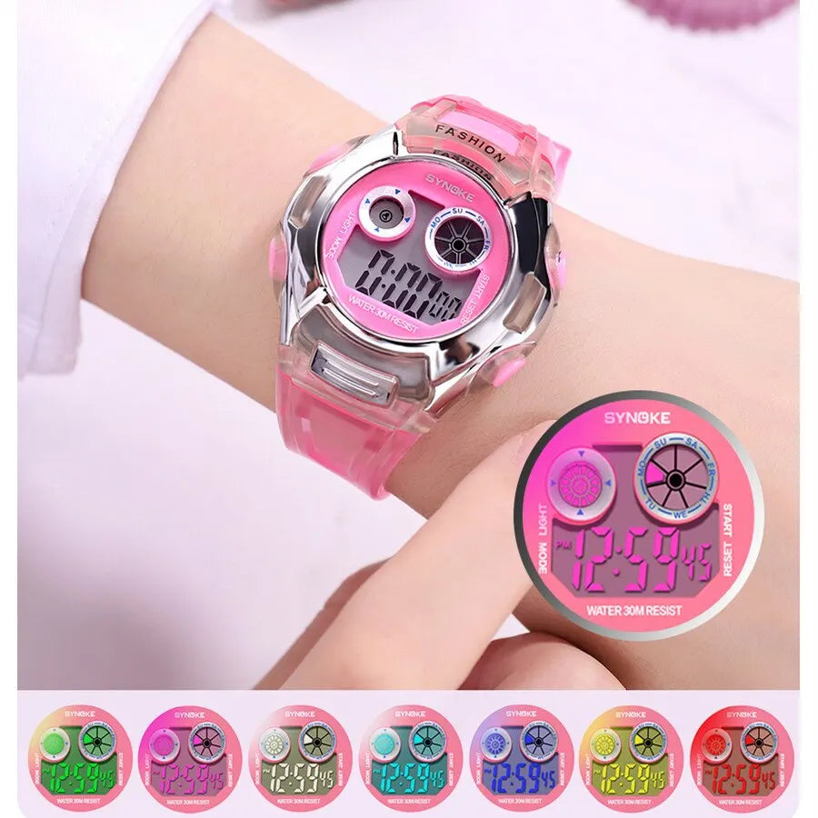 Montre Digitale Enfant SYNOKE — Sport Étanche 3Bar Lumière 7 Couleurs Alarme Chrono