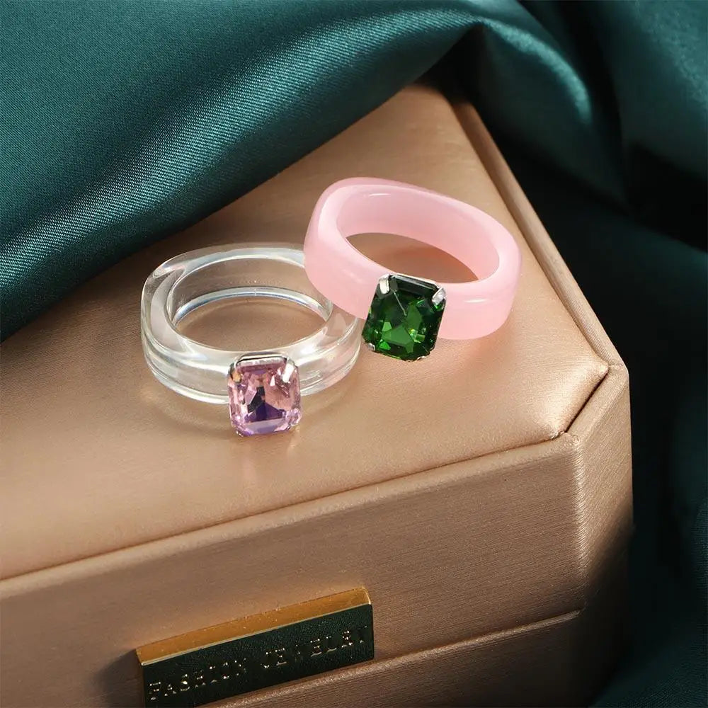 Trendy Fashion Jewelry Rhinestone Acrylic Girls Irregular Transparent Finger Ring Geometric Resin Rings