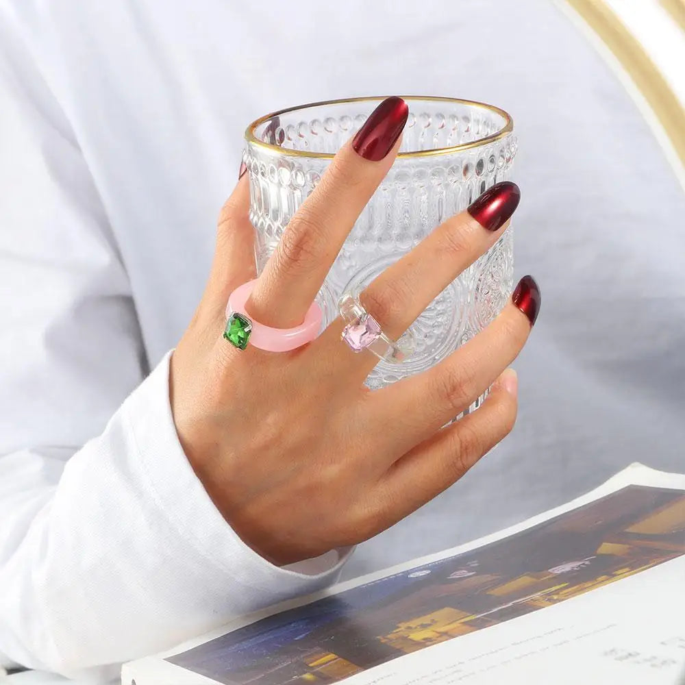 Trendy Fashion Jewelry Rhinestone Acrylic Girls Irregular Transparent Finger Ring Geometric Resin Rings