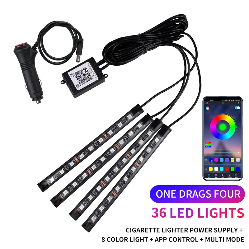 Kit LED Ambiance Voiture RGB NOXLH — Néons Pieds Sync Musique Télécommande ou App
