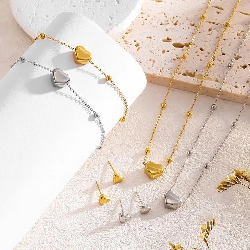 Stainless Steel Gold Color Heart Love Chain Necklace Bracelets Earrings For Women Girl New Fashion Non-fading Jewelry Set