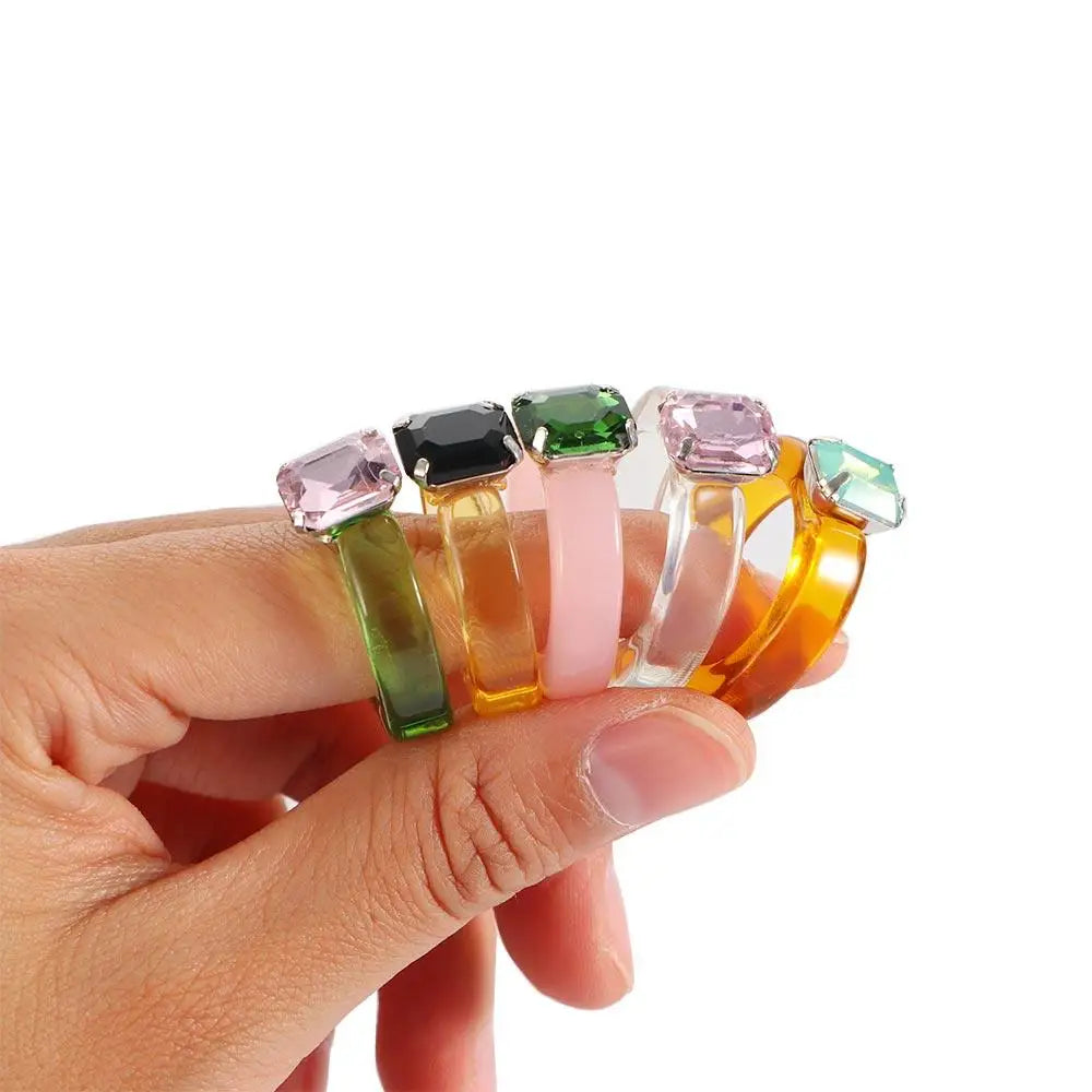 Trendy Fashion Jewelry Rhinestone Acrylic Girls Irregular Transparent Finger Ring Geometric Resin Rings