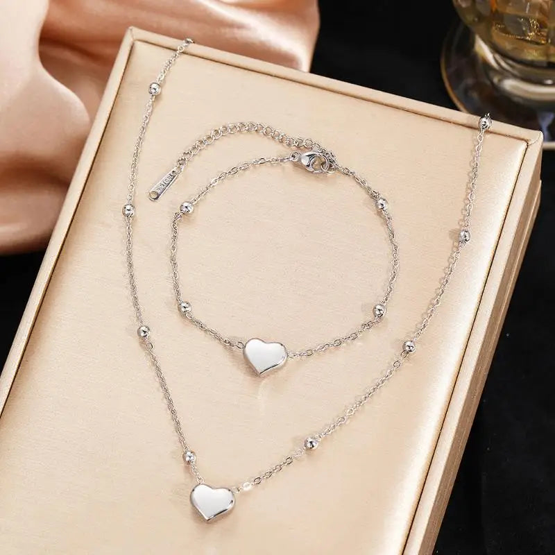 Stainless Steel Gold Color Heart Love Chain Necklace Bracelets Earrings For Women Girl New Fashion Non-fading Jewelry Set
