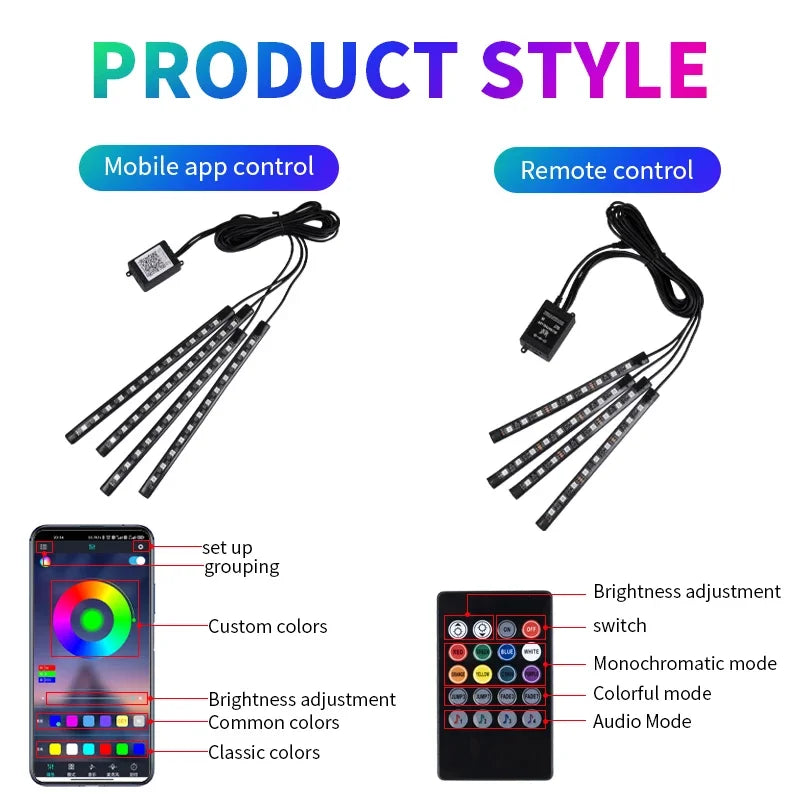 Kit LED Ambiance Voiture RGB NOXLH — Néons Pieds Sync Musique Télécommande ou App