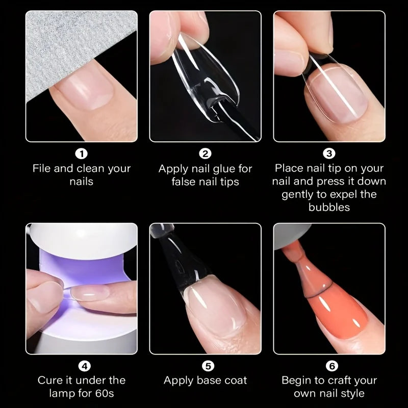 120 Faux Ongles Transparents — Kit Complet 12 Tailles