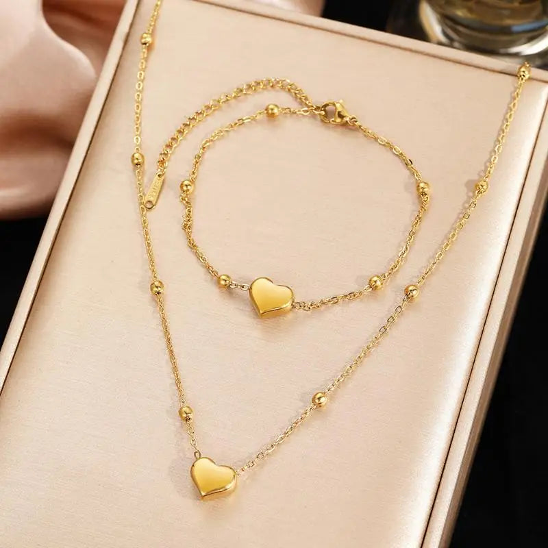 Stainless Steel Gold Color Heart Love Chain Necklace Bracelets Earrings For Women Girl New Fashion Non-fading Jewelry Set